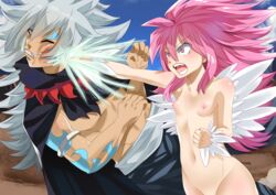 1boy 1girls acnologia blush breasts dragon_force fairy_tail long_hair nipples nude open_mouth pink_hair small_breasts transformation wendy_marvell wendy_marvell_(dragon_force)