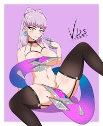 covering covering_breasts covering_crotch evelynn female female_only k/da_all_out_evelynn k/da_all_out_series league_of_legends long_hair purple_hair riot_games seductive stockings teasing vdrawstuff yellow_eyes