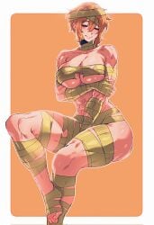 1girls abs bandage bell_(spoiledmuffin) blonde_hair blush breasts closed_eyes hi_res large_breasts mummy_costume muscular muscular_female orange_background original pixel_art short_hair sidelocks simple_background smile solo spoiledmuffin thick_thighs white_background