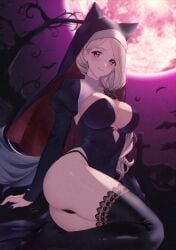 1girls 2024 absurdres alternate_costume artist_name asa_(asakisafe1) ass bats big_breasts blonde_hair breasts cleavage female female_only fire_emblem fire_emblem:_three_houses halloween halloween_costume highres large_breasts licking_lips light-skinned_female light_skin long_hair looking_at_viewer mercedes_von_martritz moon nail_polish nintendo purple_eyes side_ponytail solo solo_female stockings thick_thighs thighhighs watermark