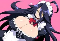 ai_generated amber_eyes apron big_breasts black_hair black_stockings breasts cleavage dark_hair huge_boobs huge_breasts long_hair maid maid_headdress maid_outfit mullon novelai original sorceress sorceress_sophia thick_thighs villainess white_gloves