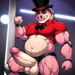 1boy 1furry 1male ai_generated animatronic animatronic_male balls bara candougie chanchi_(fnam) domestic_pig fazbear_fanverse five_nights_at_maggie's fnaf frosting.ai furry furry_male furry_only furry_penis gay male male_only muscular muscular_male penis pig pink_body solo solo_male sus_(pig) video_games