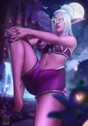 1futa blue_eyes bulge bulge_through_clothing clothed clothing erection erection_under_clothes feet illyssa lisa_harris_w looking_at_viewer night_elf night_elf_futa purple_skin sweat sweatdrop thick_thighs white_hair world_of_warcraft