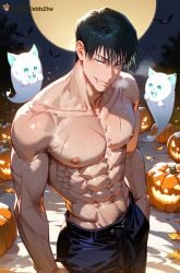 1boy abs ai_generated bangs bara bat_(animal) black_hair black_pants bush bushy_pubes full_moon gay ghost goldenfieldszho green_eyes hair hairy hairy_arms hairy_male halloween jack-o'-lantern jujutsu_kaisen large_pectorals looking_at_viewer male_focus male_pubic_hair moon muscular muscular_male navel navel_hair night night_sky nipples outdoors pants pectorals pubic_hair pumpkin scar scar_on_face short_hair smile solo sweat sweatdrop sweating sweaty sweaty_body toji_fushiguro topless_male vein veiny veiny_arms veiny_muscles yaoi