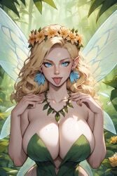 aedel_elves aedel_hentai aedel_sfw ai_generated blonde_female blonde_hair blonde_hair_female blue_eyes breasts butterfly_wings curly_hair earrings elf elf_ears elf_female fairy fairy_wings fantasy flower flower_crown flower_in_hair flower_on_head forest freckles freckles_on_breasts freckles_on_face huge_breasts leaf leaf_clothing massive_breasts necklace showing_tongue tongue tongue_out