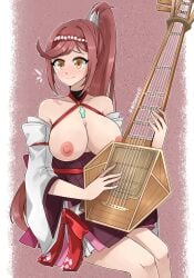 core_crystal detached_sleeves glimmer_(xenoblade) lute_(instrument) mitsuchiinsfw orange_eyes ponytail red_hair tagme topless xenoblade_(series) xenoblade_chronicles_3