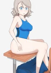 absurdres bag blue_eyes blue_one-piece_swimsuit breasts chair covered_erect_nipples desk female highres light_brown_hair looking_at_viewer love_live! love_live!_sunshine!! medium_breasts one-piece_swimsuit open_mouth sitting swimsuit thick_thighs thighs wada_something watanabe_you wet