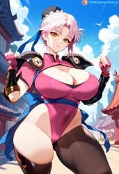 2d ai_generated big_breasts dragon_quest dragon_quest_dai_no_daibouken female female_focus female_only fingerless_gloves gloves hair_bun leotard maam outdoors pink_hair shoulder_pads solo solo_female solo_focus tagme