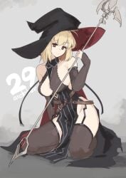 absurdres arcueid_brunestud bare_shoulders blonde_hair breasts cleavage cosplay detached_sleeves female garter_straps gloves granblue_fantasy hair_between_eyes halloween hat highres holding holding_staff jonyeld large_breasts looking_at_viewer magisa_(granblue_fantasy) magisa_(granblue_fantasy)_(cosplay) red_eyes short_hair smile solo staff thighhighs thighs tsukihime witch_hat