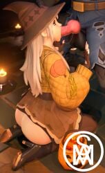 3d ass ass_out candle candlelight candles dire_(fortnite) fortnite fully_clothed gloves halloween lexa_(fortnite) middlemansfm on_knees oral red_eyes skirt skirt_lift werewolf white_hair witch witch_hat