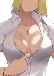 1girls areola_bulge blonde_eyebrows blonde_female blonde_hair blonde_hair blonde_hair_female breasts busty busty_female busty_girl busty_teen cleavage collarbone dot_nose exposing exposing_breasts exposing_chest exposing_self fair_skin female female_focus female_only fingers grin hamazaki_reina head_tilt high_resolution high_school_student highres imaizumin-chi_wa_douyara_gal_no_tamariba_ni_natteru_rashii large_breasts lean_body lean_figure light-skined_female light-skinned light-skinned_female light_skin light_skin_female light_skinned light_skinned_female lips medium_hair narrow_waist necklace nipple_bulge nori_gorou open_clothes open_clothing open_shirt open_topwear parted_bangs school_girl shirt shoulders simple_background slender_body slender_waist slim_girl slim_waist smile smiley_face smiling smiling_at_viewer smirk smooth_skin solo standing teen_girl teenage_girl teenager thin_waist tilted_head unbuttoned unbuttoned_shirt upper_body white_background white_shirt white_topwear