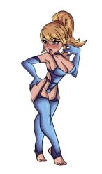 big_breasts bimbo blonde_hair blue_eyes cleavage gloves me metroid partially_clothed samus_aran skimpy skimpy_clothes source_request stirrup_legwear tag toeless_legwear