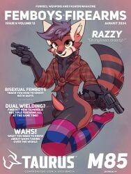 3:4 ailurid anthro balls bisexual_pride_colors clothed clothing cover crossdressing dual_wielding emanata english_text femboy front_tie_shirt genitals gun handgun hi_res holding_object holding_weapon kneeling legwear lgbt_pride magazine_cover male mammal marcus_gray no_underwear pattern_clothing pattern_legwear pattern_shirt pattern_stockings pattern_topwear penis plaid plaid_clothing plaid_shirt plaid_topwear pride_colors ranged_weapon red_panda revolver shirt solo stockings striped_clothing striped_legwear striped_stockings stripes tapering_penis text thong topwear underwear weapon