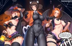 3girls alternate_version_available atlus big_breasts black_bodysuit black_eyes black_pasties black_skirt black_thighhighs black_thong blush bodysuit breasts brown_eyes brown_hair cameltoe cape cat_ears cat_tail cleavage costume ear_piercing earrings english english_text fake_animal_ears fake_tail female female_focus fishnet_legwear fishnets halloween halloween_costume handwear hat headwear heart_pasties hips holding_weapon horns huge_breasts kashiwagi_noriko lantern legwear lips maebari makoto_yuki mature mature_female mature_woman narukami_yu pachpachpachi pasties persona persona_3 persona_4 persona_5 ren_amamiya ribbon sadayo_kawakami skimpy skimpy_clothes skirt succubus succubus_horns succubus_tail succubus_wings tail text thick_thighs thigh_strap thighhighs thighs thong tight_clothing tongue tongue_out toriumi_isako weapon whip wide_hips wings witch witch_costume witch_hat