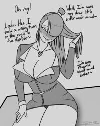 2024 big_breasts big_breasts blush breasts breasts breasts cleavage dialogue eagle_bacon gyakuten_saiban large_breasts long_hair maya_fey mia_fey office_lady pencil_skirt possessed possession self_upload sitting take-over-tober takeover text upskirt