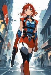 ai_generated anime_style bodysuit city_background detached_sleeves firecracker_(the_boys) gun long_gloves looking_at_viewer outside red_hair superhero superheroine supervillain supervillainess the_boys thighhighs walking weapon