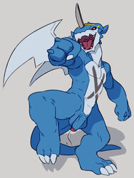 10s 2016 action_pose anthro balls blue_balls blue_skin claws cum digimon exveemon fist flookz grey_background hi_res horn male male_only membranous_wings nude open_mouth penis pokémon_(species) punching red_eyes scalie simple_background solo teeth toe_claws tongue wings