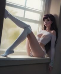 1girls ai_generated cute d.va erect_nipples erect_nipples_under_clothes feet looking_at_viewer overwatch ragen ragen_nsfw seductive seductive_look seductive_pose seductive_smile socks solo solo_female stockings thighhighs tiptoes toes