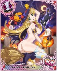 asia_argento ass blonde_hair blush boots breasts cape catsuit censored feline female gloves green_eyes hat high_school_dxd kanji long_hair looking_at_viewer looking_back mobage mobage_cards moon nipples open_mouth sideboob text tongue torn_clothes torn_thighhighs very_long_hair