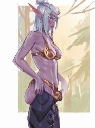 1futa ass blue_eyes bra bulge bulge_through_clothing choker clothed clothing illyssa kanavachan night_elf night_elf_futa panties purple_skin tied_hair white_hair world_of_warcraft