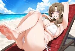 1girls ai_generated beach big_breasts brown_hair female female_focus female_only huge_breasts large_breasts looking_at_viewer mature_female milf mother oosuki_mamako purple_eyes smiling smiling_at_viewer tsuujou_kougeki_ga_zentai_kougeki_de_ni-kai_kougeki_no_okaasan_wa_suki_desu_ka? white_bikini