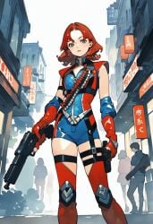 ai_generated ammo_belt anime_style bodysuit city_background detached_sleeves firecracker_(the_boys) gun long_gloves looking_at_viewer outside red_hair standing superhero superheroine supervillain supervillainess the_boys thighhighs weapon