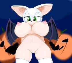 anthro bat big_breasts breasts cactuscacti female food fruit genitals green_eyes looking_down mammal nipples plant pumpkin pussy rouge_the_bat sega simple_background solo solo_focus sonic_the_hedgehog_(series)