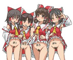 \m/ benikurage_(cookie) black_hair blush brown_eyes brown_hair cookie_(touhou) detached_sleeves female frilled_skirt grin kanna_(cookie) kasuga39 middle_finger miko multiple_persona navel no_panties nontraditional_miko numbered pubic_hair reimu_hakurei reu_(cookie) sananana_(cookie) short_hair simple_background skirt_lift smile standing sweat touhou white_background yellow_eyes