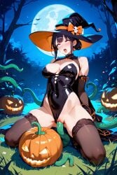 1girls adult ahe_gao ai_generated armwear bangs bare_shoulders big_breasts black_hair blush bow bun cleavage clothing_aside consensual_tentacles costume covered_breasts covered_nipples earrings eyebrows_visible_through_hair eyeliner female fucked_senseless fucked_silly halloween halloween_costume halloween_pumpkin halloween_theme interspecies interspecies_sex jack-o'-lantern kneeling large_breasts legwear leotard medium_breasts moon moonlight navel navel_visible_through_clothes night night_sky nighttime on_knees open_mouth original outdoor_sex outdoors plant_tentacle plant_tentacles plants pumpkin pumpkins pussy pussy_juice red_eyes rolling_eyes shoes skimpy skimpy_clothes stable_diffusion star_earrings tentacle tentacle_in_pussy tentacle_penetration tentacle_sex thick_thighs thighhighs tongue vagina vaginal_fluids vaginal_insertion vaginal_penetration vaginal_sex witch_costume witch_hat