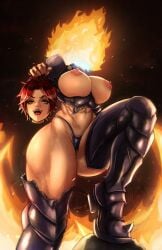 abs armour big_breasts bikini_armor breasts broken_armor burning_building dullahan exposed_breasts female female_only fire halloween halloween_costume halloween_theme headless laughing lordmagnuss muscular oc original_character red_hair scarlet_winters thick_thighs yellow_eyes