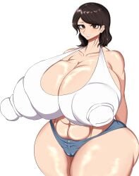 1girls black_hair breasts_bigger_than_head brown_eyes cleavage curvy erect_nipples female gigantic_nipples huge_nipples hyper hyper_breasts massive_breasts mature_female milf plump short_hair short_pants shorts smile tank_top thick thick_ass thick_thighs toripusu white_tank_top