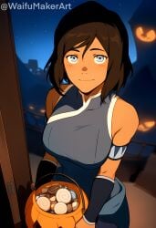 1girls ai_generated avatar_legends blush dark-skinned_female female halloween halloween_theme hi_res high_resolution highres korra large_breasts looking_at_viewer nickelodeon nicktoons night open_door pumpkin sfw smile the_avatar the_legend_of_korra waifumakerart water_tribe