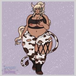 belly big_belly big_breasts big_thighs boob_grab bovid bovine breasts cow_ears cow_girl cow_horns cow_tail cowgirl cowprint functionally_nude giant_thighs grabbing_breasts holes_in_clothes hucow huge_belly huge_thighs long_hair nipples revealing_clothes ripped_clothing shinobi_homie_(artist) thighs titty_typhoon_(artist)