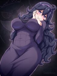 alternate_breast_size canadiananiguy covered_navel female gengar hairband hex_maniac highres long_hair looking_at_viewer plump pokemon pokemon_xy purple_eyes purple_hair smile solo standing sweater