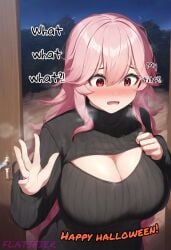 ai_generated breast_deflation breast_reduction breast_shrinking flatifier gigantic_breasts halloween huge_breasts large_breasts milf pink_hair red_eyes ribbed_sweater small_breasts sweater trick_or_treat