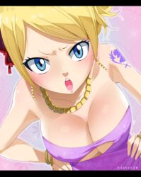 1girls 2017 bare_shoulders big_breasts blonde_hair blue_eyes blush bracelet breasts cleavage dress earrings fairy_tail female female_only gaston18 hair hand_on_hip huge_breasts human jenny_realight jewelry large_breasts lots_of_jewelry necklace open_mouth shiny shiny_skin solo tattoo tongue