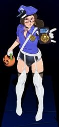 1futa absurd_res artist_self-insert blush brown_hair bulge combos-n-doodles earrings futa_only futanari garter_straps glasses halloween high_heel_boots long_hair looking_at_viewer police_uniform pumpkin_basket solo stockings