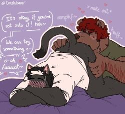 anal anthro anthro_on_anthro ass ass_up bear bed_sheet bedding blush blush_lines body_hair butt_grab closed_eyes clothed clothing digital_media_(artwork) domestic_cat duo english_text felid feline felis fur hair hand_on_butt hearts_around_text hi_res male male/male male_rimmed male_rimming male_rimming_male mammal moan oral portrait rimming sex simple_background tail text topwear trash_bear