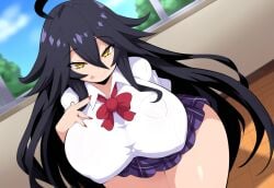 1girls ahoge ai_generated amber_eyes black_hair female long_hair mullon novelai original original_character school school_uniform schoolgirl seductive seductive_look sorceress sorceress_sophia voluptuous voluptuous_female yellow_eyes