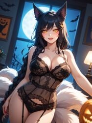 1girls ahri ai_generated animal_ears bedroom black_hair breasts cleavage facial_markings female female_only fox fox_girl halloween league_of_legends lingerie long_hair looking_at_viewer pumpkin self_upload vastaya zat3rj3en