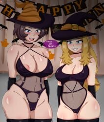 2girls areola_slip areolae armwear big_breasts black_gloves blonde_hair blue_eyes breasts brown_hair cleavage costume daughter english english_text female female_only game_freak gloves grace_(pokemon) hair halloween halloween_costume hat headwear huge_breasts legwear long_hair mattc-art mature mature_female mature_woman milf mother mother_and_daughter pokemon pokemon_xy serena_(pokemon) short_hair skimpy skimpy_clothes speech_bubble thighs witch witch_hat