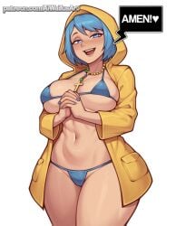 1girls aged_up ai_generated aiwaifusart blue_bikini blue_eyes blue_hair blush cross_necklace holy_year_2025 hood large_breasts luce_(vatican) micro_bikini narrow_waist patreon_url patreon_username praying raincoat seductive_smile short_hair smile stable_diffusion standing text text_bubble thick_thighs wide_hips