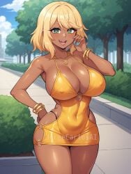 1girlg 1girls ai_generated big_breasts big_breasts big_breasts blonde_female blonde_hair blonde_hair blonde_hair_female blue_nail_polish blue_nails bracelets breasts breasts breasts busty city city_background cityscape covered_nipples dark-skinned_female dark_skin dress female female_focus female_only girl green_eyes gyaru gyaru_gal gyarufied heart heart-shaped_pupils jorgecarlosai nail_polish nature navel nipple_bulge nipples_visible_through_clothing open_mouth outdoors outside park short_hair slut slutty_clothing slutty_dress slutty_outfit slutty_pose tan tan_body tan_skin tanned tanned_female tanned_girl tanned_skin teeth teeth_showing thighs thong tight_clothes tight_clothing tight_fit toned tongue watermark