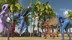 2boys 3d 9girls alaira aqua_skin beach blue_skin jumping large_breasts multiple_girls naked nude nude_female nudist nudist_beach orange_skin original_characters purple_skin red_skin star_wars twi'lek volleyball white_skin yellow_skin