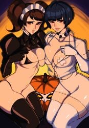 2girls alecto_0 big_breasts bikini black_hair female female_focus female_only halloween looking_at_viewer maid maid_headdress micro_bikini persona persona_5 sadayo_kawakami spiked_collar tae_takemi twintails