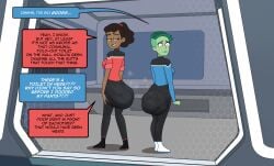 2girls alien_girl back_view intentional_soiling lolotron6 pants_bulge scat scat_bulge soiled spaceship_interior star_trek tagme tagme_(character)