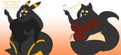 2020 5_fingers after_transformation allyson_(dewwydarts) allyson_(dewwydartz) anthro ass big_breasts black_body black_clothing black_fur bottomwear breasts chonk cleavage clothed clothing dewwydarts dewwydartsdewwydarts dewwydartz dialogue domestic_cat eeveelution felid feline felis female fingers fluffy_tail fur furry generation_2_pokemon gradient_background heart_symbol magic magic_user mammal markings nintendo open_mouth overweight overweight_anthro overweight_female pokemon pokemon_(species) red_clothing red_shirt red_topwear shirt shorts simple_background simple_eyes slightly_chubby solo species_transformation standing tail tan_bottomwear tan_clothing tan_shorts thick_thighs topwear transformation umbreon watermark wide_hips witch yellow_eyes yellow_markings