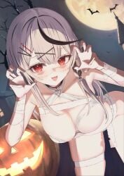 1girls ara1e big_breasts breasts female halloween halloween_costume hololive hololive_japan holox large_breasts looking_at_viewer mummy mummy_costume mummy_wrappings red_eyes revealing_clothes sakamata_chloe skimpy skimpy_clothes solo virtual_youtuber vtuber