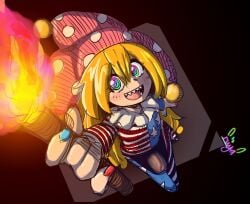 absurdres american_flag_dress american_flag_legwear blonde_hair bulge clownpiece erection erection_under_clothes futanari hat highres holding holding_torch huge_cock jester_cap looking_up multicolored_eyes multicolored_nails nail_polish neck_ruff penis riiya_(riiya932) sharp_teeth teeth torch touhou