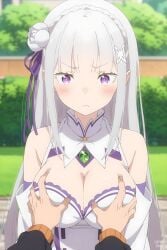 ai_generated big_ass big_breasts blushing_at_viewer breast_grab breasts elf elf_ears elf_female emilia_(re:zero) large_breasts long_hair natsuki_subaru pov re:zero_kara_hajimeru_isekai_seikatsu violet_eyes white_hair